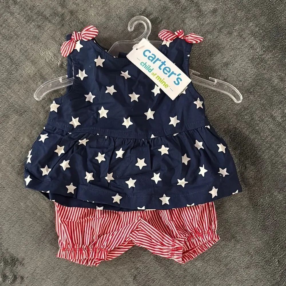 Carter's Blue Star Top and Red Striped Shorts